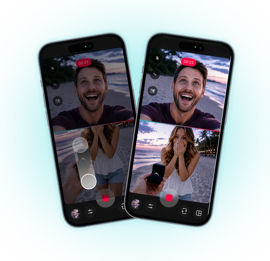 Two Tango screens side by side: the same capture before and after the top and bottom feeds are repositioned